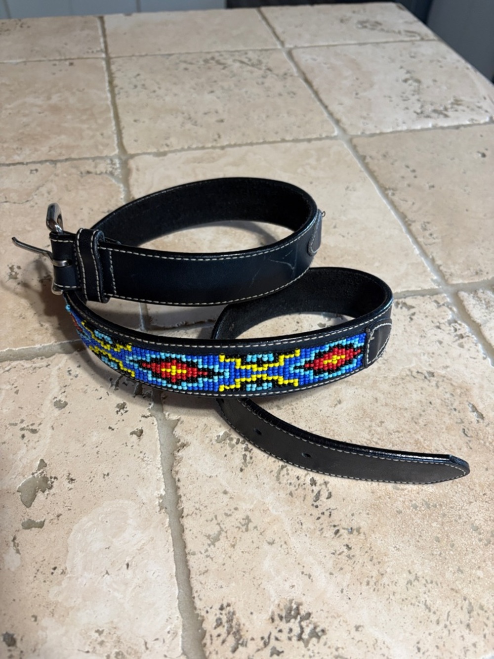 Handbeaded Black Leather Belt with Vibrant Southwestern Beadwork
